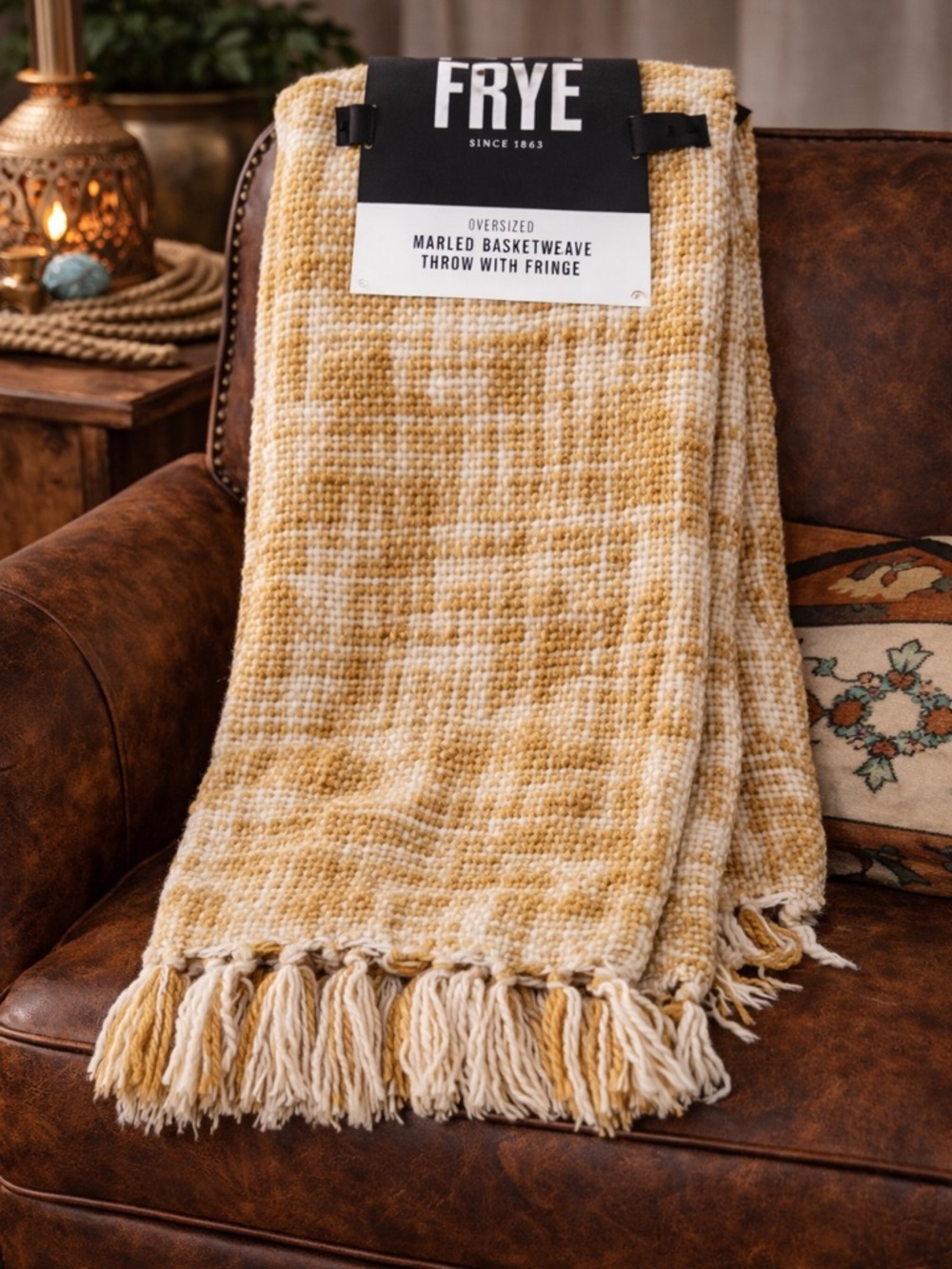 Frye Mustard and Cream Marled Basketweave Throw with Fringe